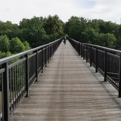 Rowerzysta na drewnianym moście wśród drzew. Idealne miejsce na odkrywanie tras rowerowych Bydgoszcz.