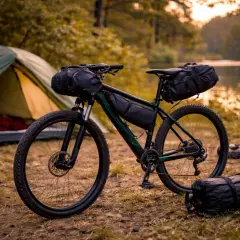 Rower gravelowy z sakwami, gotowy na przygodę. Obok namiot i sprzęt biwakowy nad jeziorem. To idealny aqua velo na wyprawę.