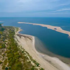 Malownicze wybrzeże bałtyckie z piaszczystą mierzeją, zielonymi zaroślami i spokojną wodą.