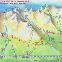 Mapa szlaków turystycznych w Tatrach Wysokich. Kolorowe linie pokazują trasy przez doliny Wielicką, Staroleśną i Zimną Wodę.