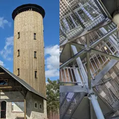 Wieża widokowa na Borówkowej Górze, z kamienno-drewnianym budynkiem u podstawy i metalowymi schodami w środku.
