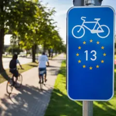 Znak EuroVelo 13 na ścieżce rowerowej. Dwie osoby jadą na rowerach wzdłuż alei drzew.