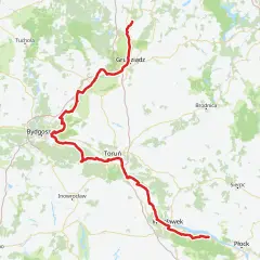 Mapa z zaznaczonymi trasami rowerowymi Kujawsko-Pomorskiego, wiodącymi przez Bydgoszcz, Toruń i Grudziądz.
