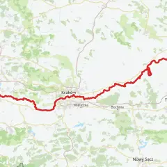 Mapa trasy rowerowej Velo Wisła, biegnącej od okolic Bielska-Białej przez Kraków, Bochnię, Tarnów aż po wschodnie rejony Polski.