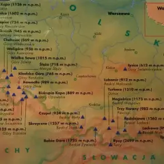 Mapa przedstawia szczyty tworzące koronę gór polskich, od Karkonoszy po Bieszczady.
