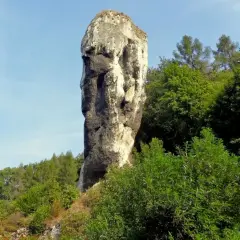 Imponująca skała przypominająca maczugę Herkulesa, otoczona bujną zielenią drzew i krzewów pod błękitnym niebem.