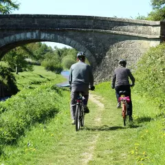 Dwie osoby na rowerach podziwiają malownicze ścieżki rowerowe lubuskie, przejeżdżając pod kamiennym mostem.