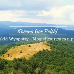 Widok na Beskid Wyspowy z Mogiielicy. W oddali łagodne pasma górskie, na pierwszym planie zielone lasy i żółta polana.