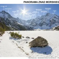 Zimowa panorama Tatr Wysokich z Morskim Okiem. Widoczne szczyty: Żabia Czuba, Rysy, Mięguszowieckie Szczyty.