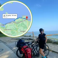 Trasa rowerowa ze Świnoujścia na Hel, 350 km w 18h 24 min. Widok na morze i rowerzystkę.