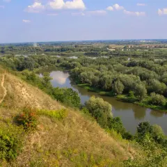 Widok na meandrującą rzekę wśród bujnej zieleni. Na pierwszym planie strome, trawiaste zbocze, przypominające krajobraz gór pieprzowych.