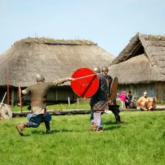 Wioska wikingów Wolin: rekonstruktorzy w zbrojach walczą na miecze i tarcze przed chatami krytymi strzechą.