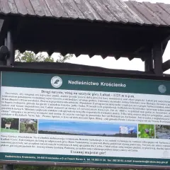 Tablica informacyjna o szczycie góry Lubań (1225 m n.p.m.) w Beskidach. Opisuje szlak, florę i faunę.