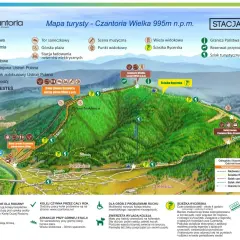 Mapa turystyczna Wielkiej Czantorii z zaznaczonymi szlakami, kolejką linową i atrakcjami.