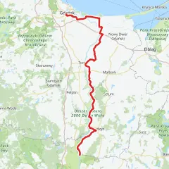 Mapa z zaznaczonymi trasami rowerowymi Elbląg i okolicami. Czerwona linia prowadzi od Gdańska przez Malbork do okolic Elbląga.