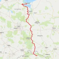 Mapa pokazuje szlak rowerowy Odra-Nysa, biegnący od Świnoujścia przez Szczecin, Gorzów Wlkp., Zieloną Górę, aż po Czechy.