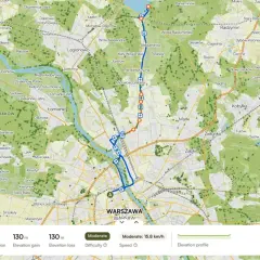 Trasy rowerowe okolice Warszawy: mapa pokazuje pętlę 57,7 km z Warszawy przez Łomianki, Legionowo i powrót.