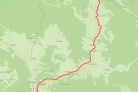 Mapa z zaznaczoną trasą rowerową velo krynica, prowadzącą przez Muszynę, Złockie i okolice Popradzkiego Parku Krajobrazowego.