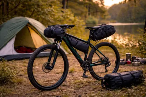Rower gravelowy z sakwami, gotowy na przygodę. Obok namiot i sprzęt biwakowy nad jeziorem. To idealny aqua velo na wyprawę.