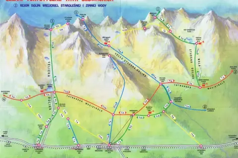 Mapa szlaków turystycznych w Tatrach Wysokich. Kolorowe linie pokazują trasy przez doliny Wielicką, Staroleśną i Zimną Wodę.