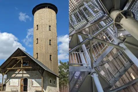 Wieża widokowa na Borówkowej Górze, z kamienno-drewnianym budynkiem u podstawy i metalowymi schodami w środku.
