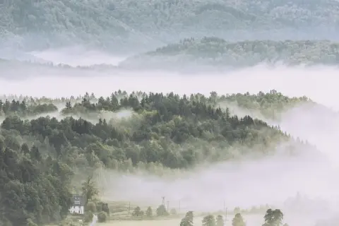 Mgliste poranki w Górach Kaczawskich. Las spowity parującą mgłą, a w dole samotny dom.