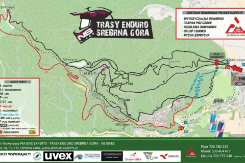 Mapa tras enduro w Srebrnej Górze. Odkryj **Beskidy rowerem** i wybierz swoją ścieżkę: od łatwych po wymagające.