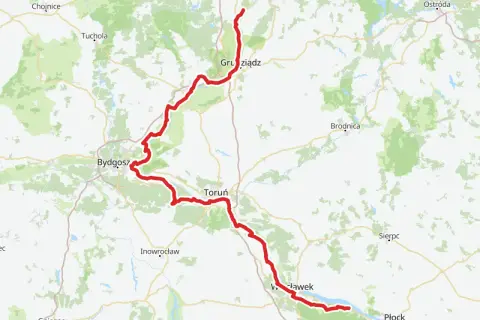Mapa z zaznaczonymi trasami rowerowymi Kujawsko-Pomorskiego, wiodącymi przez Bydgoszcz, Toruń i Grudziądz.