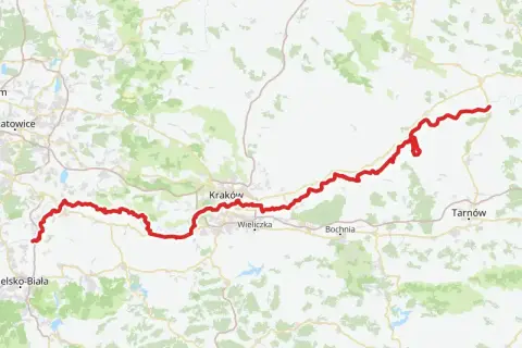 Mapa trasy rowerowej Velo Wisła, biegnącej od okolic Bielska-Białej przez Kraków, Bochnię, Tarnów aż po wschodnie rejony Polski.