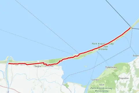 Trasa rowerowa EuroVelo 10 wzdłuż Mierzei Wiślanej, od ujścia Wisły przez Stegnę do okolic Fromborka.