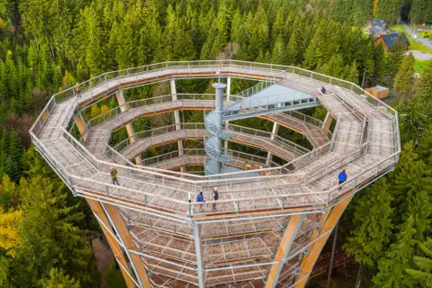 Drewniana wieża widokowa wznosi się pośród lasów Kotliny Kłodzkiej. Kręte ścieżki i spiralne schody zapraszają do podziwiania panoramy.