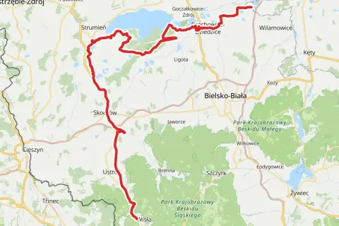 Mapa tras rowerowych Śląsk: od Jeziora Goczałkowickiego przez Beskid Śląski do Wisły.