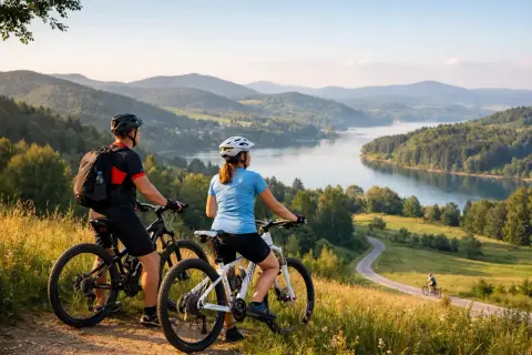 Para rowerzystów podziwia malownicze krajobrazy Podkarpacia, odkrywając urokliwe trasy rowerowe nad jeziorem.