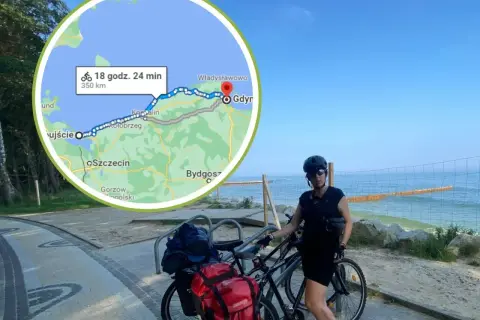 Trasa rowerowa ze Świnoujścia na Hel, 350 km w 18h 24 min. Widok na morze i rowerzystkę.