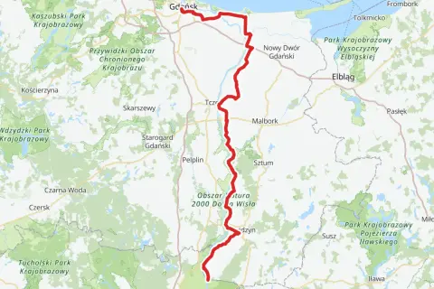 Mapa z zaznaczonymi trasami rowerowymi Elbląg i okolicami. Czerwona linia prowadzi od Gdańska przez Malbork do okolic Elbląga.