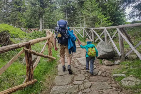 Dzieci i rodzic na pielgrzymce w Karpaczu, idą kamienistym szlakiem przez las, otoczeni drewnianym płotem.