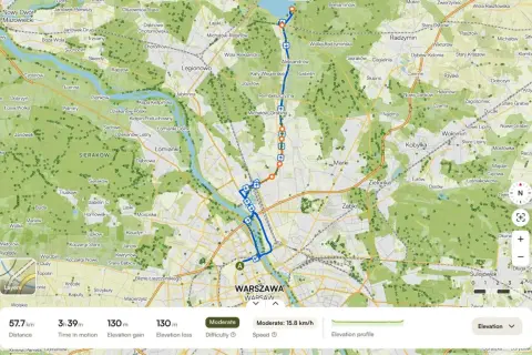Trasy rowerowe okolice Warszawy: mapa pokazuje pętlę 57,7 km z Warszawy przez Łomianki, Legionowo i powrót.