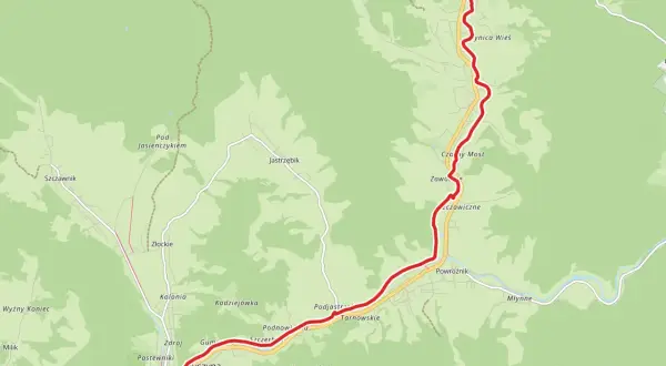 Mapa z zaznaczoną trasą rowerową velo krynica, prowadzącą przez Muszynę, Złockie i okolice Popradzkiego Parku Krajobrazowego.
