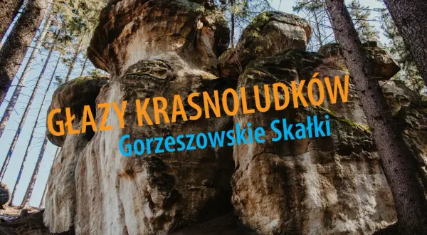 Imponujące głazy krasnoludków w Gorzeszowskich Skałkach, otoczone wysokimi drzewami.