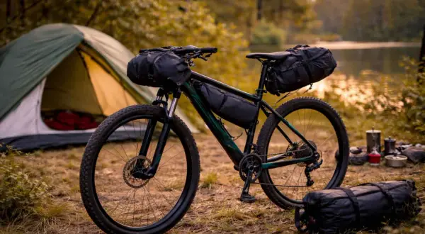Rower gravelowy z sakwami, gotowy na przygodę. Obok namiot i sprzęt biwakowy nad jeziorem. To idealny aqua velo na wyprawę.
