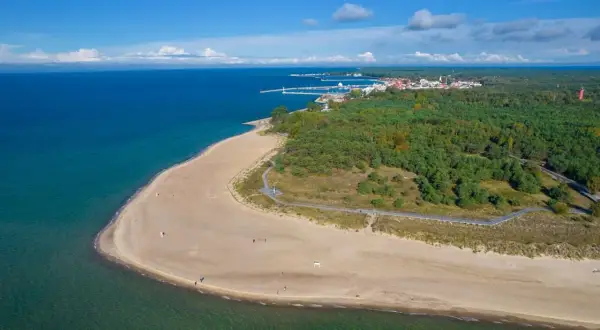 Plaża i las na Helu, końcu Polski. Woda, piasek i zielone drzewa tworzą malowniczy krajobraz.