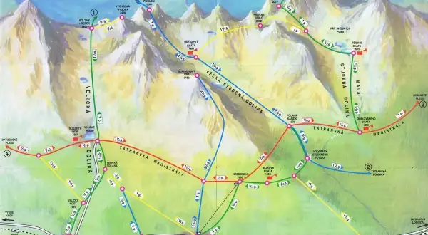 Mapa szlaków turystycznych w Tatrach Wysokich. Kolorowe linie pokazują trasy przez doliny Wielicką, Staroleśną i Zimną Wodę.