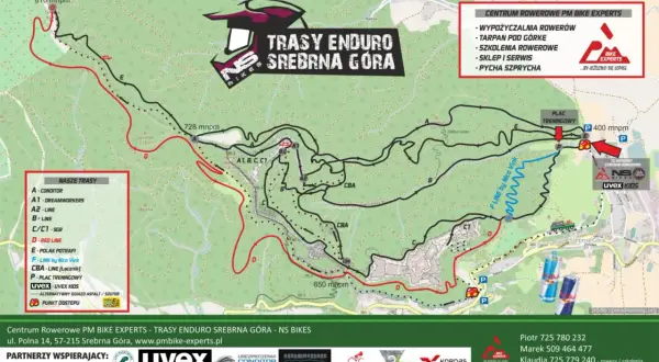 Mapa tras enduro w Srebrnej Górze. Odkryj **Beskidy rowerem** i wybierz swoją ścieżkę: od łatwych po wymagające.