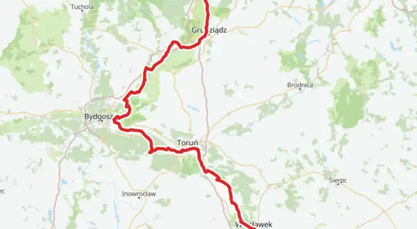 Mapa z zaznaczonymi trasami rowerowymi Kujawsko-Pomorskiego, wiodącymi przez Bydgoszcz, Toruń i Grudziądz.