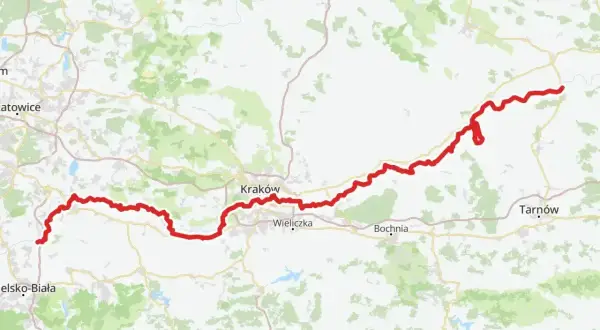 Mapa trasy rowerowej Velo Wisła, biegnącej od okolic Bielska-Białej przez Kraków, Bochnię, Tarnów aż po wschodnie rejony Polski.