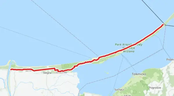 Trasa rowerowa EuroVelo 10 wzdłuż Mierzei Wiślanej, od ujścia Wisły przez Stegnę do okolic Fromborka.