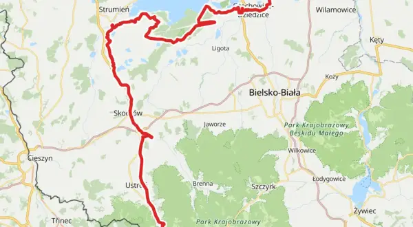Mapa tras rowerowych Śląsk: od Jeziora Goczałkowickiego przez Beskid Śląski do Wisły.