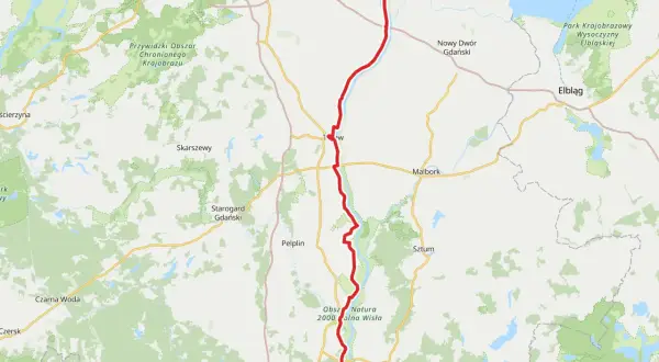 Trasa rowerowa wzdłuż Wisły od Gdańska przez Malbork do Kwidzyna, prowadząca przez obszary Natura 2000.