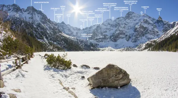 Zimowa panorama Tatr Wysokich z Morskim Okiem. Widoczne szczyty: Żabia Czuba, Rysy, Mięguszowieckie Szczyty.