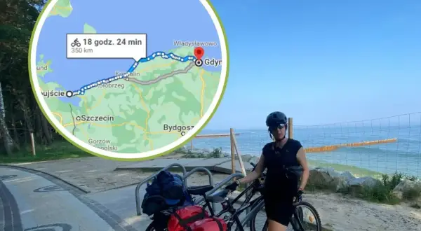 Trasa rowerowa ze Świnoujścia na Hel, 350 km w 18h 24 min. Widok na morze i rowerzystkę.